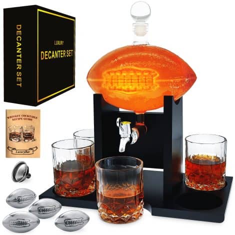 Football-themed whiskey decanter set with glasses, spout, chilling feature – perfect gift for men, dads, and boyfriends.