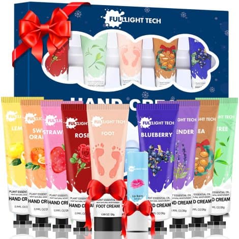 10-Pack Hand Cream Gift Set with Foot Cream & Lip Balm. Nourishes dry hands with shea butter. Perfect Christmas gift for her.