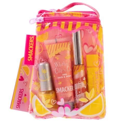 Pink Lemonade Glam Bag Makeup Set for Girls – a fun and festive gift with lip balm, lip gloss, nail polish, and lotion.