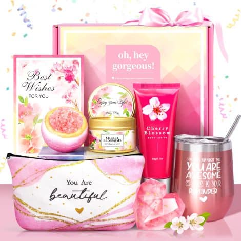 Unique spa gift basket set for women: the perfect holiday, birthday, or special occasion gift for her. Ideal for mom, sister, girlfriend, wife, best friend, nurse, or coworker.