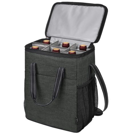 Black wine tote bag with 6 bottle capacity, insulated and padded for travel or picnics. Perfect gift for wine lovers.