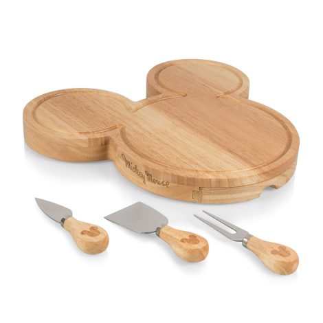 “Disney Mickey Mouse Cheese Board Set – Charming wooden board with cheese knives for your picnic.”