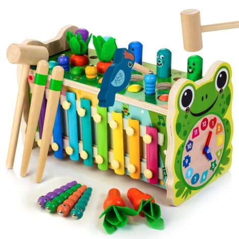 Whack a Mole meets musical fun! Engaging wooden toy set with hammering, xylophone, and carrot harvest activities. Perfect for toddlers aged 1-4.