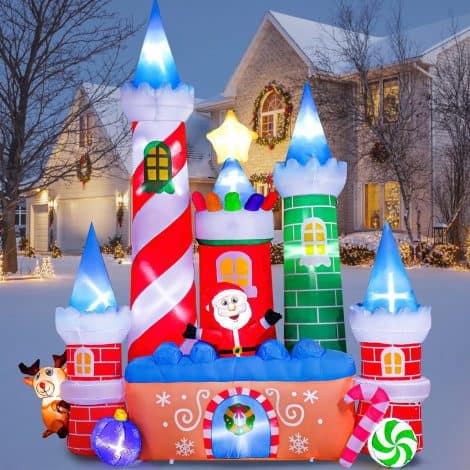 “Christmas Spectacular: Massive 10-Foot Tall Inflatable Candy Castle with Santa, Elk, and LED Lights!”