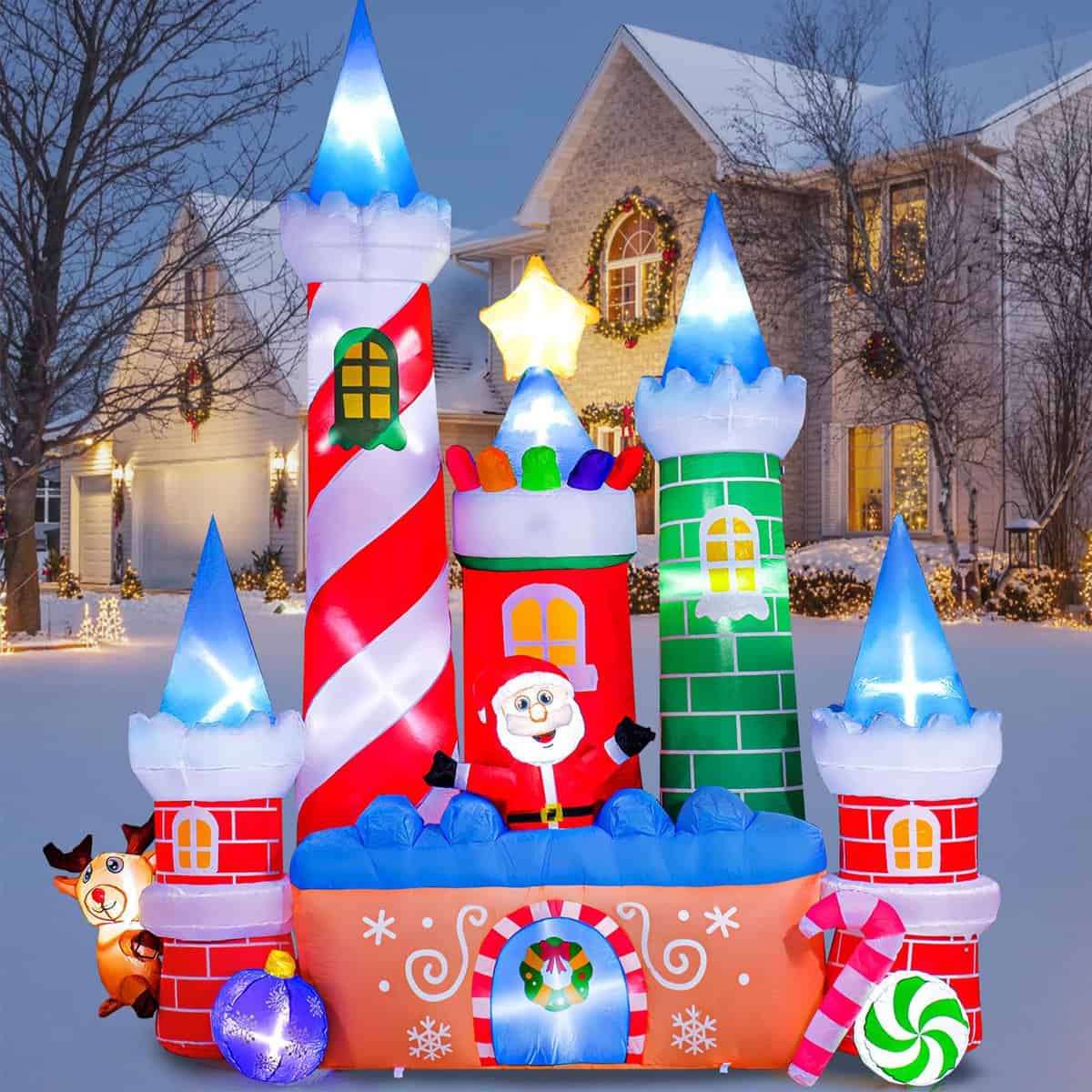 10 Ft Tall Christmas Inflatables Outdoor Decoration, Huge Candy Castle Inflatable with Santa Claus, Elk, Candy Cane, Top Star, Blow Up Decoration with LED Lights Built-in for Indoor Garden Lawn Decor