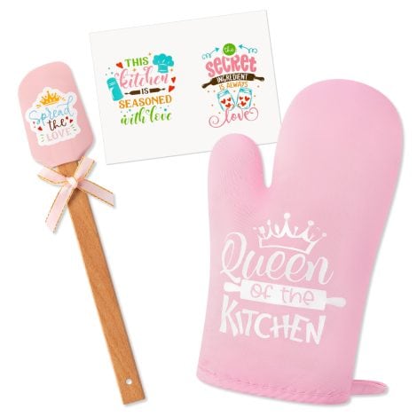 Pink Queen of The Kitchen Oven Mitts Set with Heat Resistant Glove, Silicone Scraper, and Greeting Card.