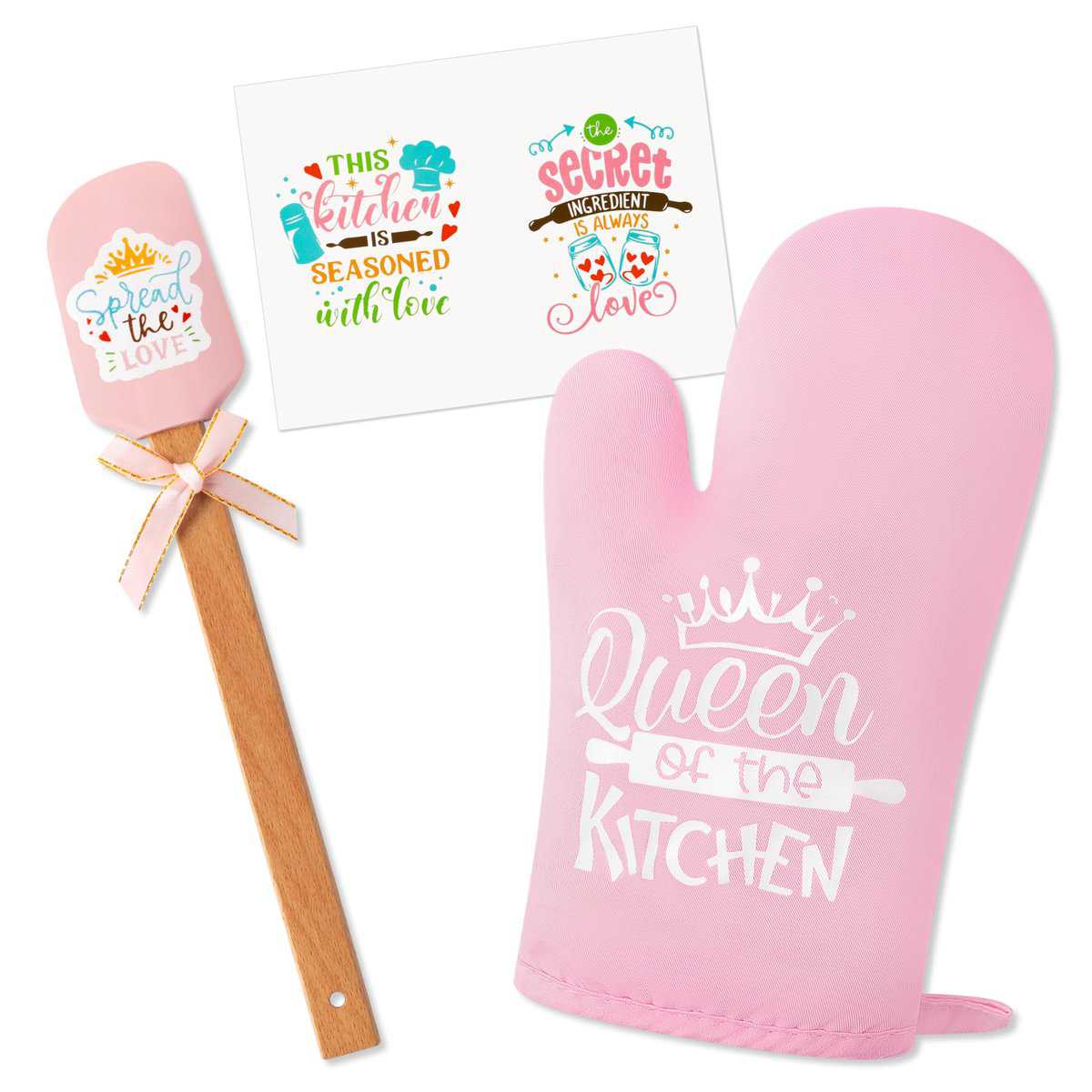 GROBRO7 Oven Mitts Silicone Scraper Greeting Card Set Pink Cooking Gift Queen of The Kitchen Heat Resistant Glove with Hanging Loop Wooden Handle Spatula for Woman Thanksgiving New Year Baking Present