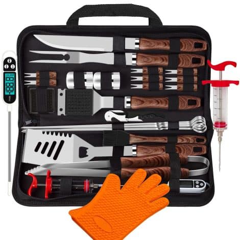 26-piece stainless steel grilling set for outdoor cooking, with glove, corkscrew, and portable bag. Perfect for camping or backyard BBQ.