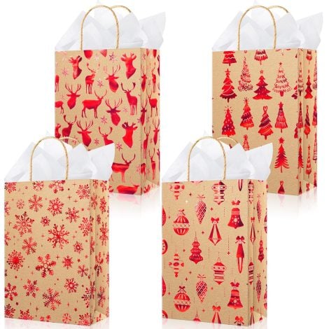 Christmas-themed gift bags with gold foil, handles, winter snowflake patterns, perfect for holiday gifts and stockings.