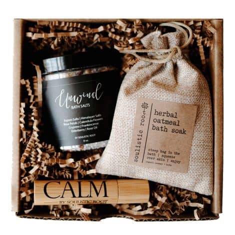 Pampering Spa Set for Ladies – Soothing Box of Self-Care Goodies: Relaxing Roller, Lavender Bath Soak, Aromatherapy Salts.