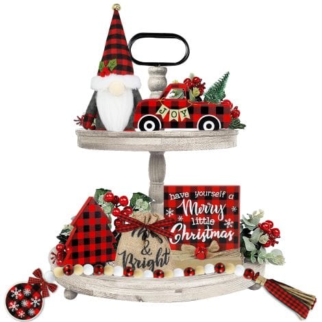 Festive Christmas Decor Set for Tiered Trays – Rustic Farmhouse Style, Includes Garland, Gnome Sign, and more.