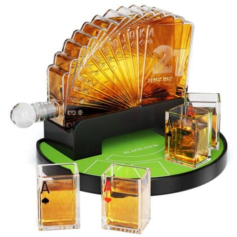 Kollea Blackjack Whiskey Decanter Set: 37.2 Oz Decanter with 4 Glasses, Casino-inspired Liquor Set for Men, Dad, Boyfriend, Perfect for Blackjack Game Nights.