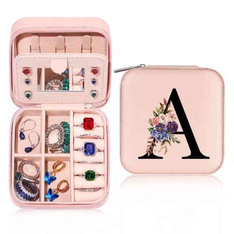 Small Initial A Letter Jewelry Case for Women, perfect for travel & birthday gifts for women and teenage girls.