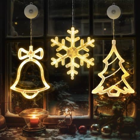 “3-Piece Christmas Window Lights Set: Battery-Operated Warm White LED Snowflake, Tree, and Bell Suction Lamps.”