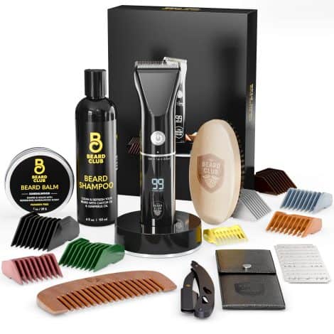 Beard Club gift set for American men includes a professional trimmer, razor, shampoo, balm, brush, and comb.