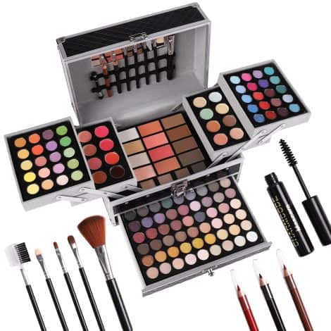 Complete makeup set with eyeshadow, lipstick, concealer, highlighter, eyebrow powder, blush, contour, lip liners, eyeliner, and brushes. (Black)