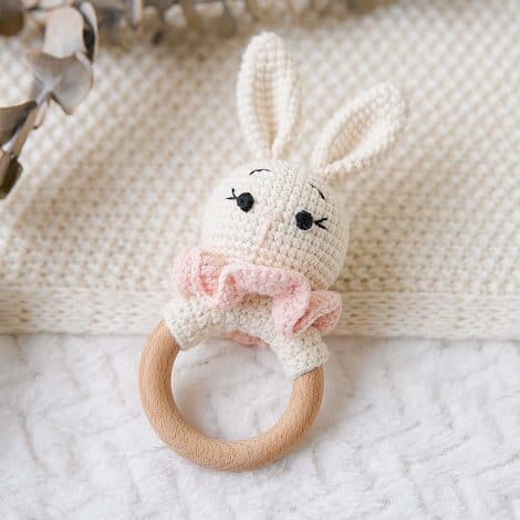 Handmade Wooden Bunny Rattle: a natural crochet finish with eco-friendly materials, perfect baby shower gift. (White Pink)