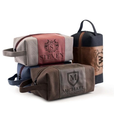 Customized men’s leather toiletry bag with personalized laser-engraved initials and name, available in 4 canvas colors. Perfect gift for husbands, dads, and boyfriends. Handcrafted, waterproof, and ideal for travel.