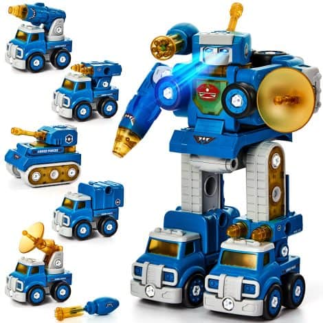 STEM Toy Set for 5-7 Year Old Boys: Take-Apart Trucks Transform to Robots – Perfect Gift!