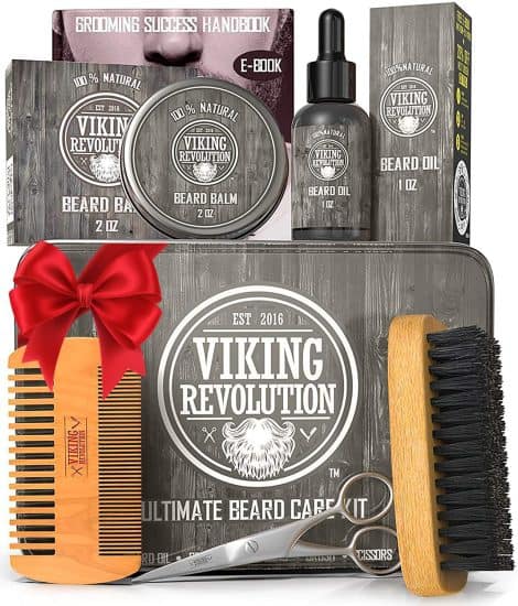 Viking Revolution Beard Kit: All-in-one grooming set for men with beard brush, comb, balm, oil, scissors, in a stylish metal box.