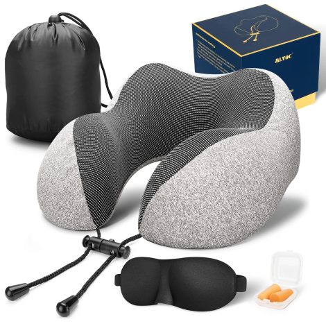 MLVOC’s Grey Travel Pillow Set: Pure Memory Foam Neck Pillow, Washable Cover, Sleep Mask, Earplugs, & Luxury Bag.