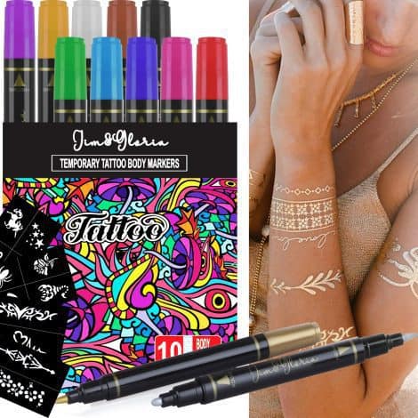 Jim&Gloria’s Tattoo Pen Set includes 10 colors, gold & silver markers. Ideal for all ages, perfect gift!