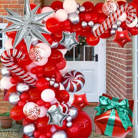 This Christmas, decorate your party with the INFLORAL holiday balloon garland kit. Includes candy-themed balloons in red and white, silver star balloons, and a festive gift box design.