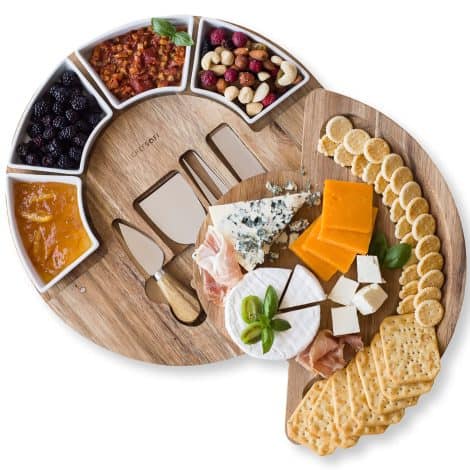 Cheese and Meat Board Set – Acacia Wood – US Patented 13″ Board and Knife – 4 Knives and 4 Bowls for Entertainment