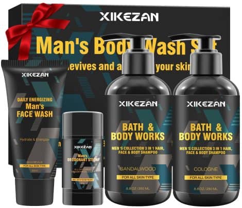 Men’s grooming gift set with body wash, face wash, deodorant, sandalwood cologne – perfect Christmas gifts for men.