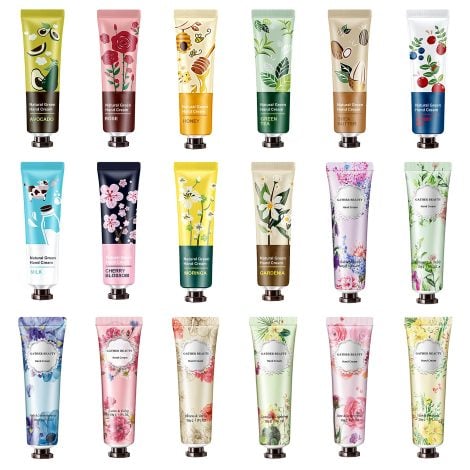 Travel-friendly 18 pack of moisturizing hand creams featuring natural fragrances for dry, cracked hands. Perfect stocking stuffer!