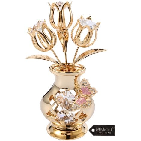 Gold Plated Crystal Flower Bouquet with Butterfly Ornament – Perfect Gift for Mom and Daughter on Christmas or Anniversary.