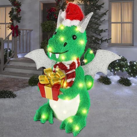 Green Dinosaur Christmas Decoration: Vibrant 3D Tinsel Dragon, 23.5″ tall, illuminated with clear lights for festive outdoor display.