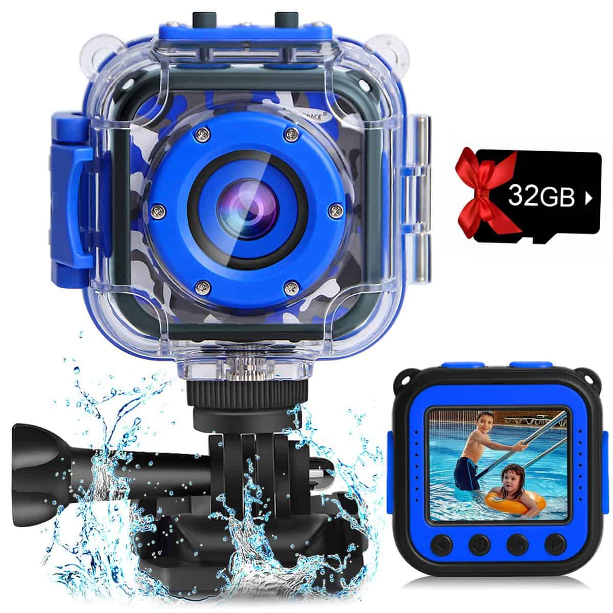 PROGRACE Kids Camera Waterproof Boys - Toy Gifts for Boy Kids Video Camera Underwater Recorder HD Kids Digital Camera Toddler Children Camcorder Age 3 4 5 6 7 8 9 10 Year Old Birthday Presents Blue