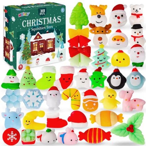 Christmas Goodie Bag Fillers, 38 Pieces of Christmas Squishies – Mochi Fidget Stress Relief Toys for Kids. Perfect for Stocking Stuffers, Party Favors and Gifts.