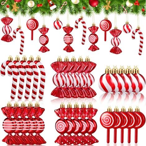 “Decorate your Christmas tree with Liliful’s festive set of 30 candy-shaped ornaments in red and white.”