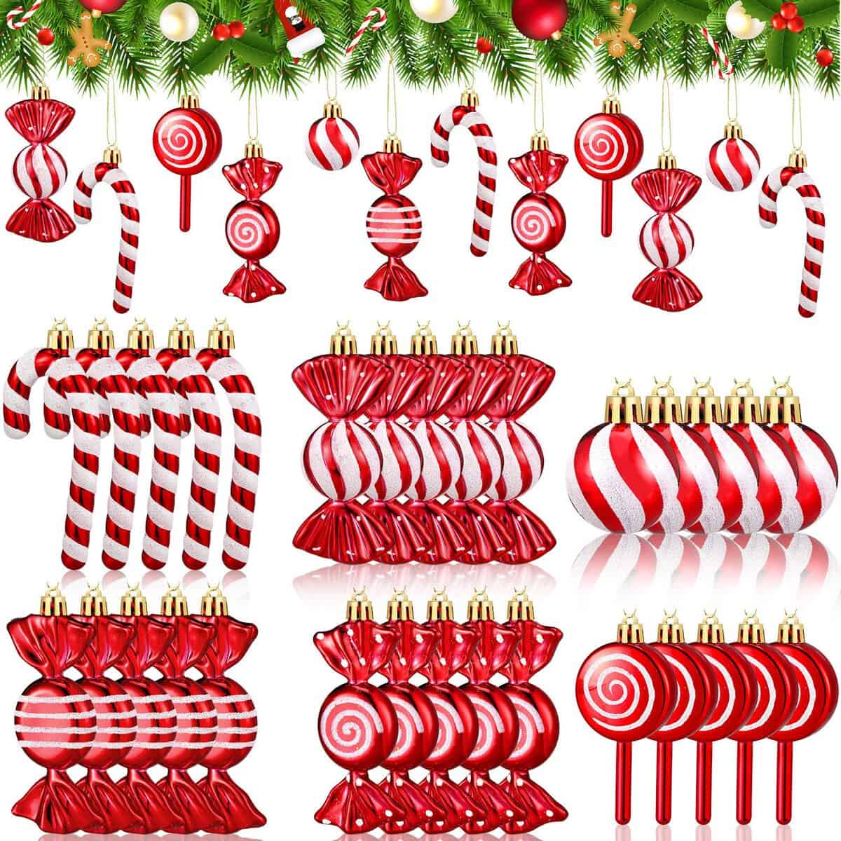 Liliful 30 Pcs Christmas Candy Ornament Set Plastic Peppermint Candy Cane Christmas Decorations Christmas Candy Lollipop Ornament Xmas Hanging Lollipop Pattern Decorations with Rope (Red White)