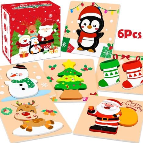 Christmas-themed wooden puzzles for toddlers, promoting learning, perfect as holiday gifts for 1-3 year old boys and girls.