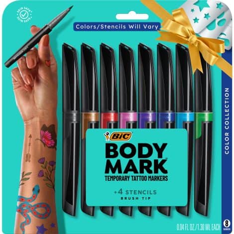 BIC BodyMark Skin-Safe Temporary Tattoo Markers, 8-Count Pack with Assorted Colors & Flexible Brush Tip.