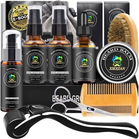 XIKEZAN Beard Kit: A complete set with beard wash, serum, oil, balm, comb, brush, scissor, bag, e-book. Perfect for gifting!