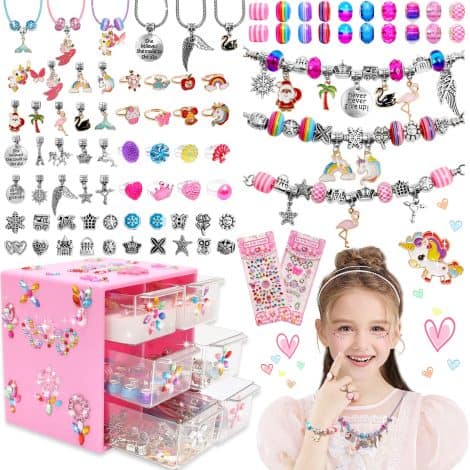 Friendship Bracelet Kit with Beads & Rings, ideal for 6-9-year-old girls, perfect as Christmas/birthday gifts.