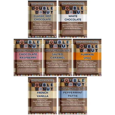 Double Donut Coffee Flavored Hot Chocolate Variety Pack includes 18 delicious flavors like classic, white chocolate, and more.