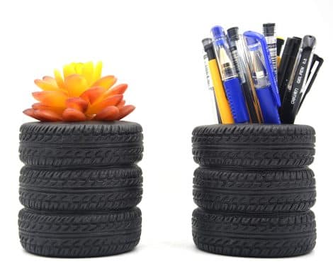 Desk succulent and cactus planters in the shape of tires, perfect for organizing pens and pencils.