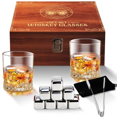 Engraved Whiskey Glass Set: Perfect for birthdays and retirement, includes 2 exquisite glasses, stainless steel cooling stones, and carrying accessories.