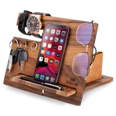 Wooden Phone Docking Station with Watch Organizer and Hooks for Men – Perfect Gift for Any Occasion.