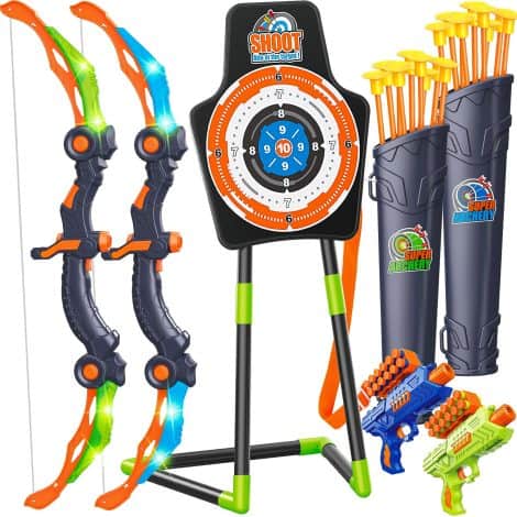 GMAOPHY 2 Pack Bow and Arrow for Boys, Birthday Gift, Indoor/Outdoor Toy with LED Lights and Suction Cup Arrows.