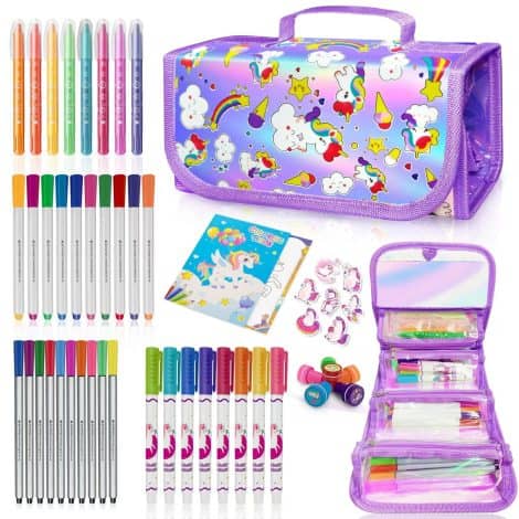 “Unicorn-themed coloring set with scented markers, pencil case, stickers, stamps, and coloring book; perfect birthday gift for girls 4-9.”