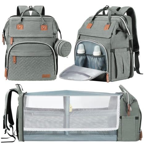 DERJUNSTAR Baby Diaper Bag Backpack, the ultimate diaper bag with built-in changing station, USB port and more, in stylish Ash Grey.