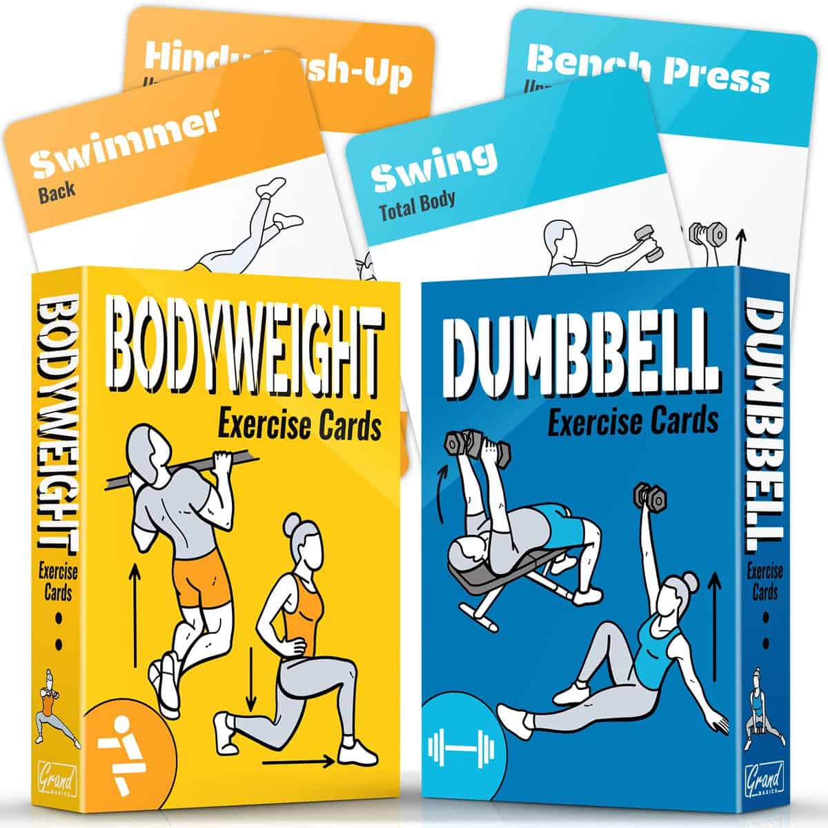 GRAND BASICS [2-PACK] Bodyweight & Dumbbell Workout Cards - Large Size 5" x 3.5" Exercise Cards Deck with 100 Different Exercises, Perfect for Circuit Training & Weightlifting - Fitness Cards for Women & Men