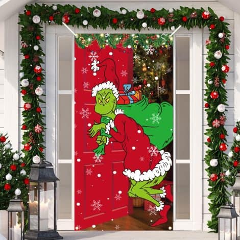 Whoville-inspired Grinch Door Cover: Festive Christmas Decoration for Your Front Door – 70.8×35.4Inch.