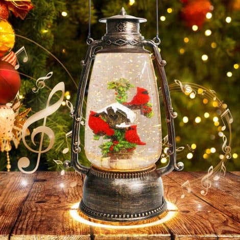 A festive 12.5-inch high Christmas snow globe with a musical lantern, timer, and USB/battery lights. Perfect for holiday decor and Santa gifts.